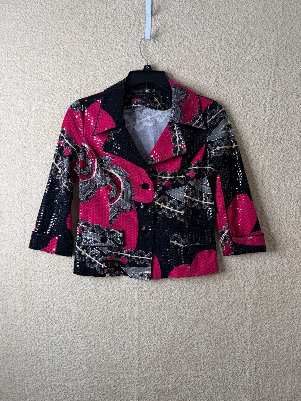 Desert Casual Abstract Print Textured Jacket Blazer Pink Black Size M